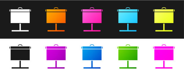 设置投影屏幕图标隔离在黑色和白色背景。业务演示可视内容，如幻灯片、信息图和视频。矢量图图片下载