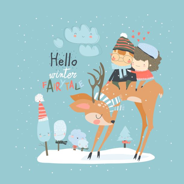 一对相爱的情侣坐在冬天的森林里的鹿上图片下载