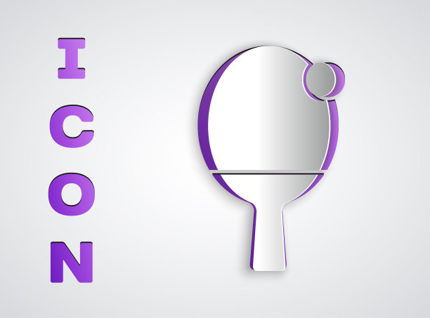 剪纸球拍打乒乓球图标孤立在灰色背景。纸艺术风格。向量图片下载