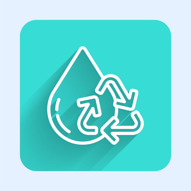 白线回收干净的水图标孤立与长阴影。水滴与标志循环利用。绿色广场按钮。矢量图图片下载