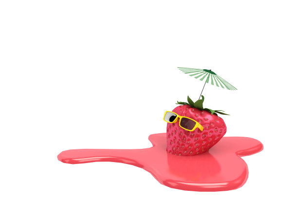 戴着墨镜的草莓人物融化在草莓汁上，概念形象的水果奶昔饮料或冰沙饮料在暑假，孤立的白色背景与复制空间，3D渲染图片下载