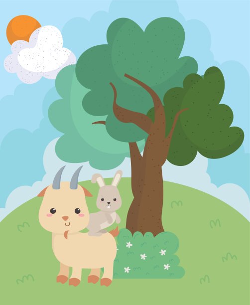 野营可爱的山羊和兔子灌木树草太阳图片下载