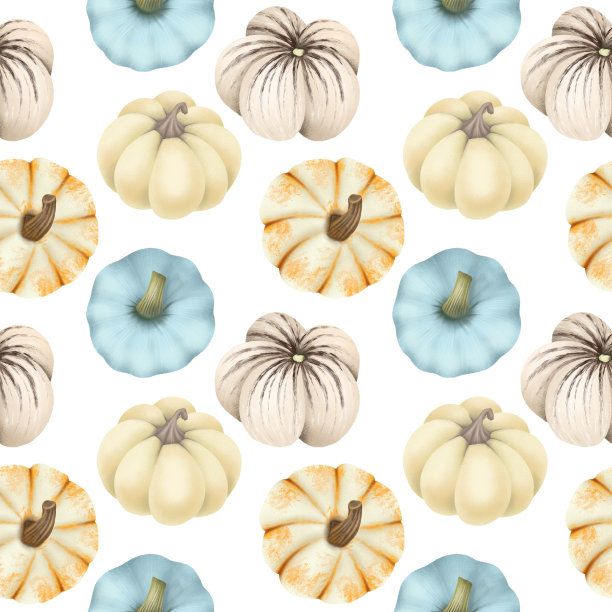 无缝模式手绘白色和蓝色的南瓜在白色的背景图片下载