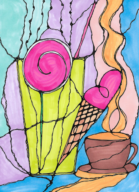 糖果和饮料的静物生活。五彩缤纷的几何抽象。图片下载