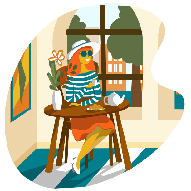 一位年轻女子坐在靠窗的咖啡馆里喝咖啡。平面风格的插图。图片下载