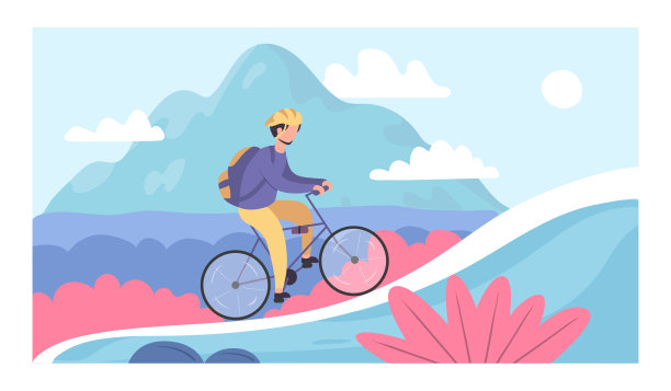 人们去骑车。自行车旅游baners。自行车运动和山地自行车比赛。骑自行车冒险矢量卡通插图。素材图片