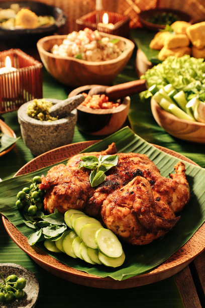 Ayam Bekakak，传统的圣丹烤鸡图片下载