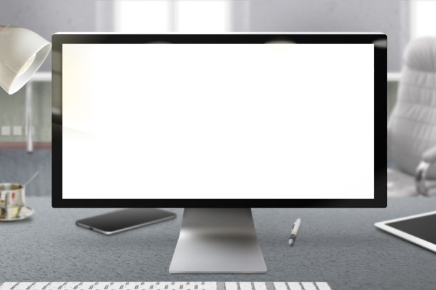 沟通理念——办公电脑显示器，白色透明显示，由真实摄影制成图片下载