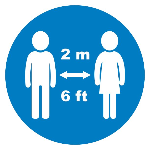 保持安全距离，白色人物剪影在蓝色圆圈框内，矢量符号图片下载