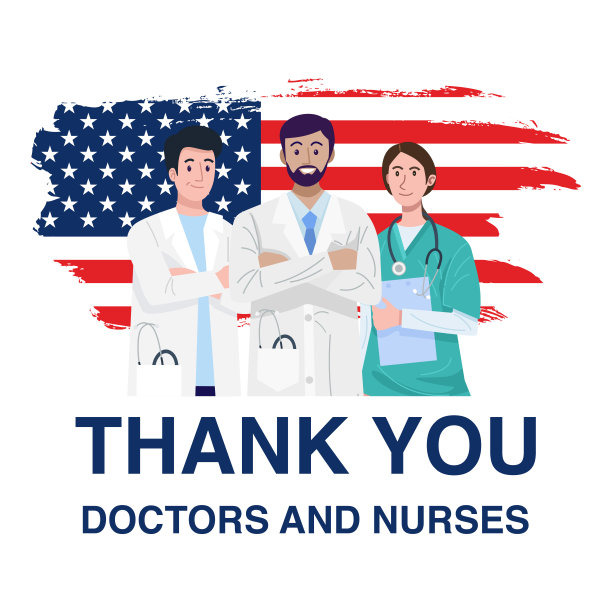 前线英雄，医生和护士人物插画与美国国旗。向量图片下载