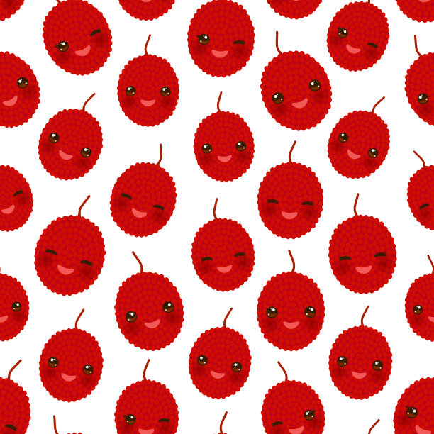 无缝图案可爱可爱的红色荔枝眨眼睛和粉红色的脸颊，孤立在白色的背景上的季节趋势。可用于礼品包装面料、壁纸、食品包装。向量图片下载