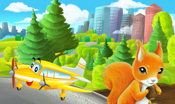 郊外公园卡通场景与素描配私人飞机飞行插画图片下载