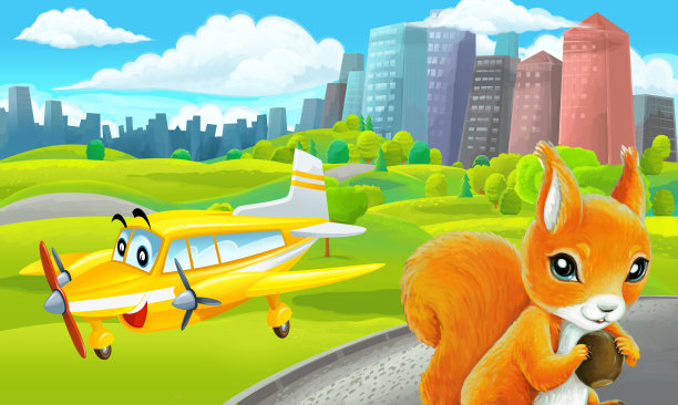 郊外公园卡通场景与素描配私人飞机飞行插画图片下载