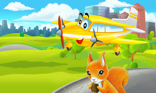 郊外公园卡通场景与素描配私人飞机飞行插画图片下载