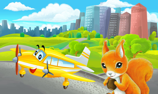 郊外公园卡通场景与素描配私人飞机飞行插画图片下载