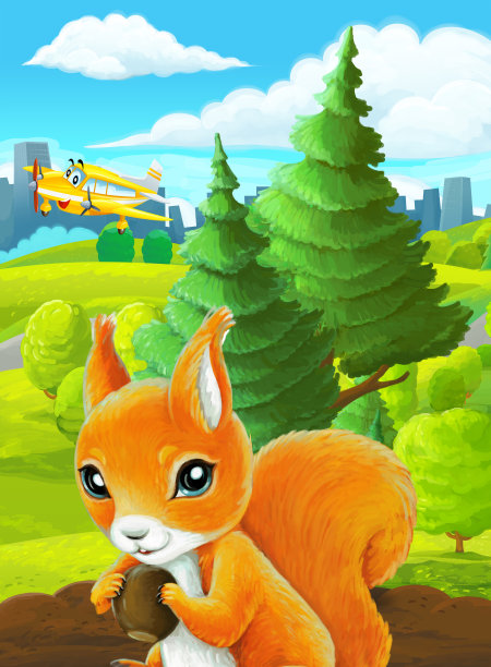 郊外公园卡通场景与素描配私人飞机飞行插画图片下载