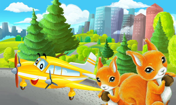 郊外公园卡通场景与素描配私人飞机飞行插画图片下载