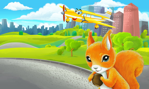 郊外公园卡通场景与素描配私人飞机飞行插画图片下载