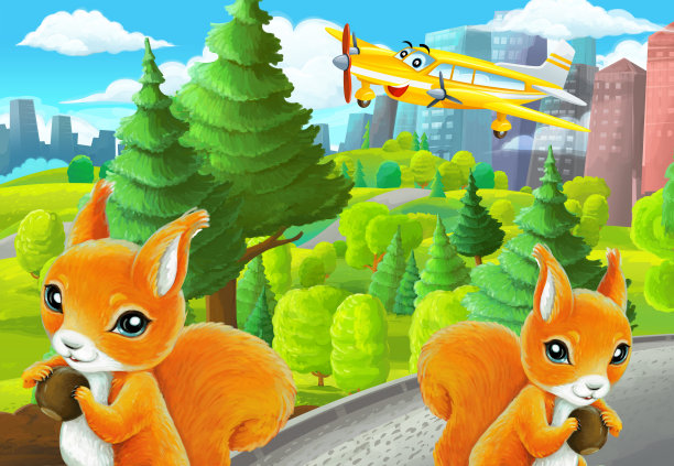 郊外公园卡通场景与素描配私人飞机飞行插画图片下载