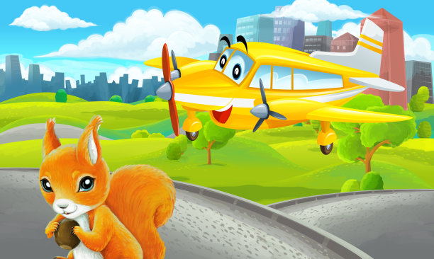 郊外公园卡通场景与素描配私人飞机飞行插画图片下载