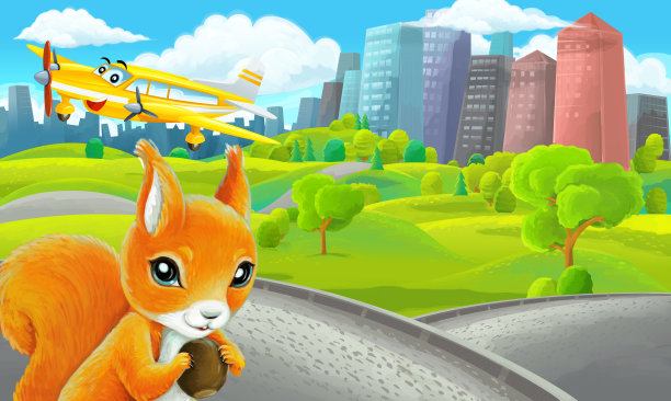 郊外公园卡通场景与素描配私人飞机飞行插画图片下载