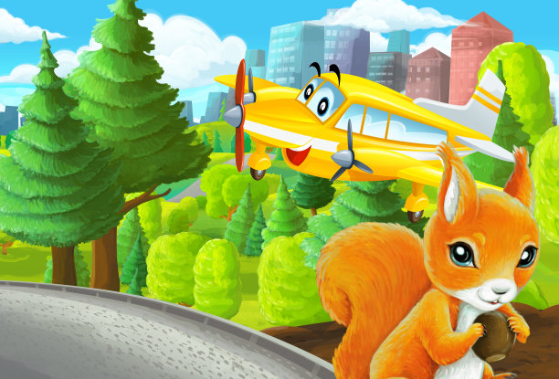 郊外公园卡通场景与素描配私人飞机飞行插画图片下载