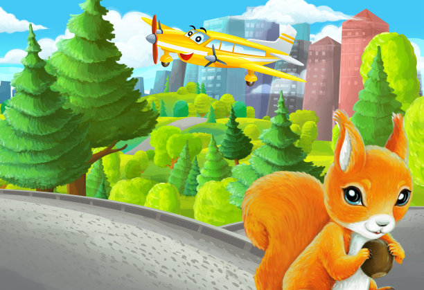 郊外公园卡通场景与素描配私人飞机飞行插画图片下载