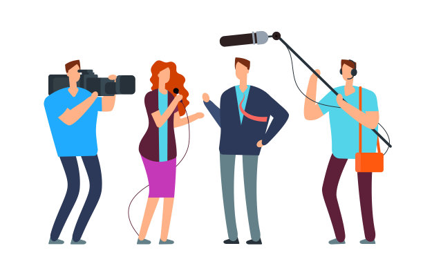 记者采访。与摄影师和摄像师一起播报新闻。广播向量的概念图片下载