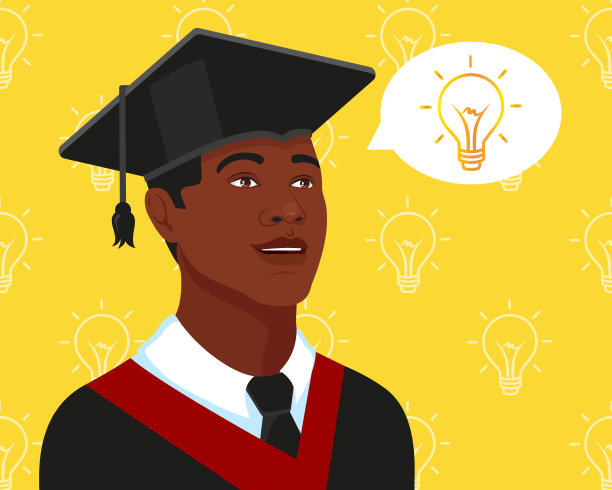 英俊的非裔美国大学生，大学毕业生戴着毕业帽和学位服。科学思想的概念。未来属于教育。黄色背景。素材图片