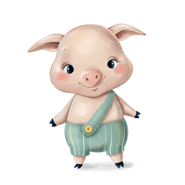 插图一个可爱的卡通猪在绿色的裤子图片下载