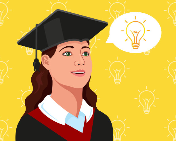 漂亮的大学女生，大学毕业生戴着毕业帽和毕业服。科学的观念观念。未来属于教育。黄色背景。图片下载