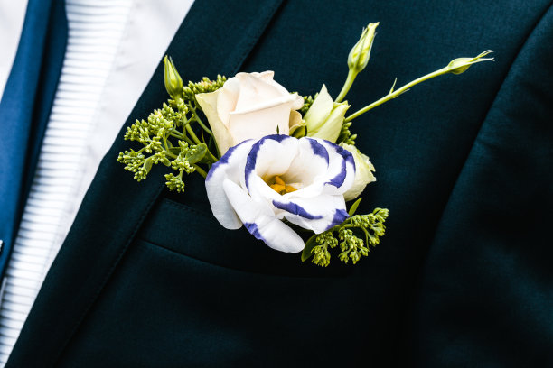 男性婚装特写。给新郎的胸花。婚姻的概念图片下载