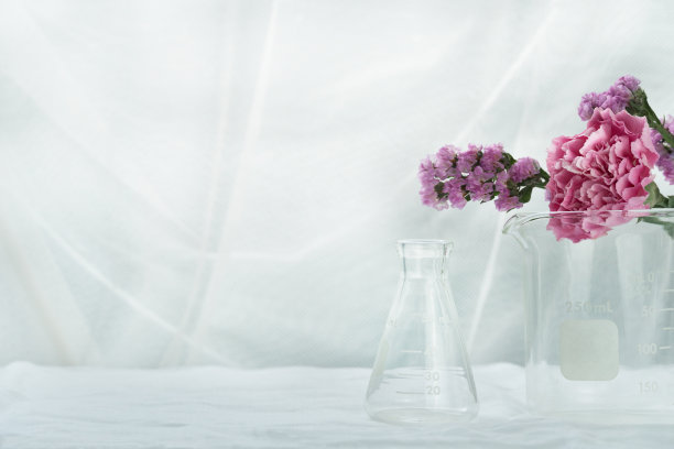 紫粉色自然花朵与科学烧瓶烧杯在白色化妆品实验室背景图片下载