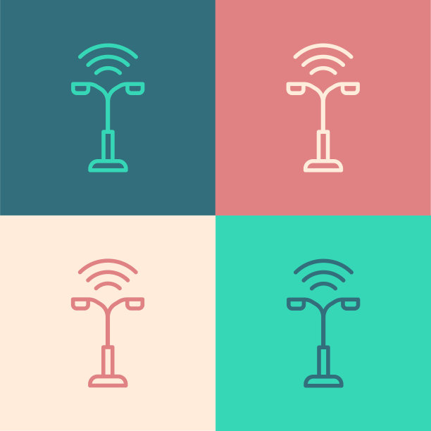 流行艺术线智能路灯系统图标孤立的颜色背景。物联网概念与无线连接。向量图片下载
