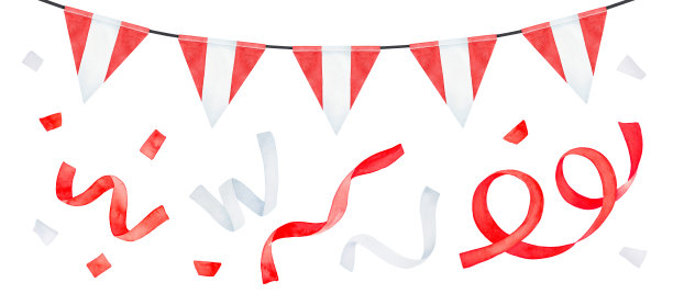 水彩插图一套节日弦彩旗与三角秘鲁和飞行的派对五彩纸粉。手绘水彩图形绘画，剪纸元素设计装饰。图片下载