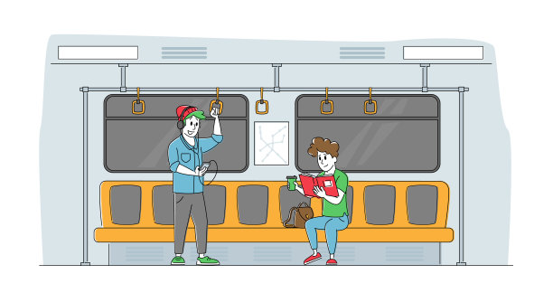 《都市地铁》中的男女角色。男人在听音乐，女人在地铁里看书图片下载