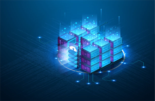 服务器室中心交换网络数据和超级计算机与互联网连接可视化投影。未来的大数据技术在等距。数字技术网站登陆页面模板图片下载