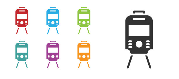黑色有轨电车和铁路图标孤立在白色背景。公共交通的象征。设置图标丰富多彩。向量图片下载
