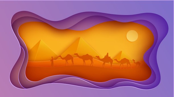 传统的商队行走扔在埃及沙漠剪纸风格。镂空波浪工艺框架全景金字塔野生动物。矢量剪纸抽象夕阳与骑骆驼的人。野生动物沙漠图片下载