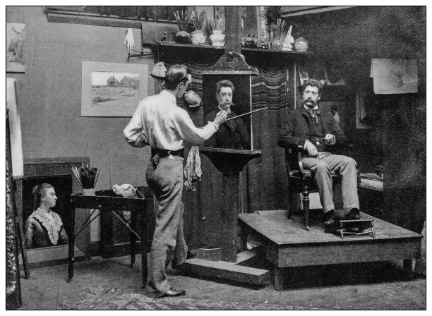 古董黑白照片:画家艺术家在工作图片下载