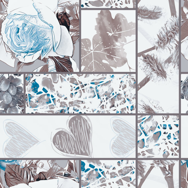 玫瑰、叶子、葡萄、心形和柳树的拼接，图案天衣无缝。图片下载