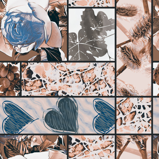 玫瑰、叶子、葡萄、心形和柳树的拼接，图案天衣无缝。图片下载