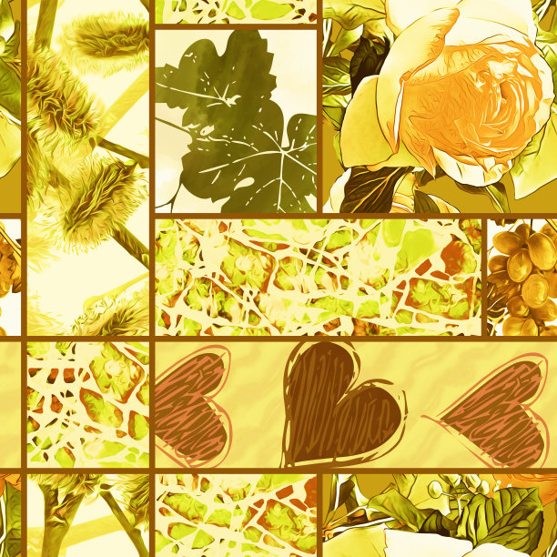 玫瑰、叶子、葡萄、心形和柳树的拼接，图案天衣无缝。图片下载