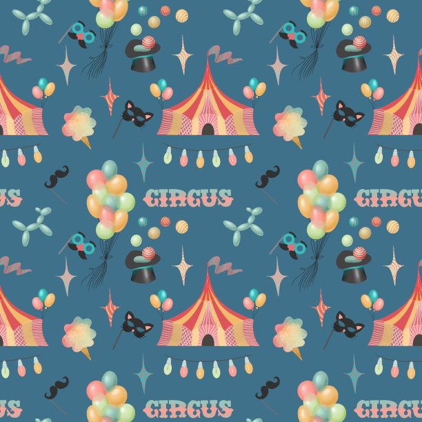 手绘马戏团元素和游乐园属性无缝图案(马戏团帐篷、气球、冰淇淋、趣味面具)，深蓝色背景插图图片下载