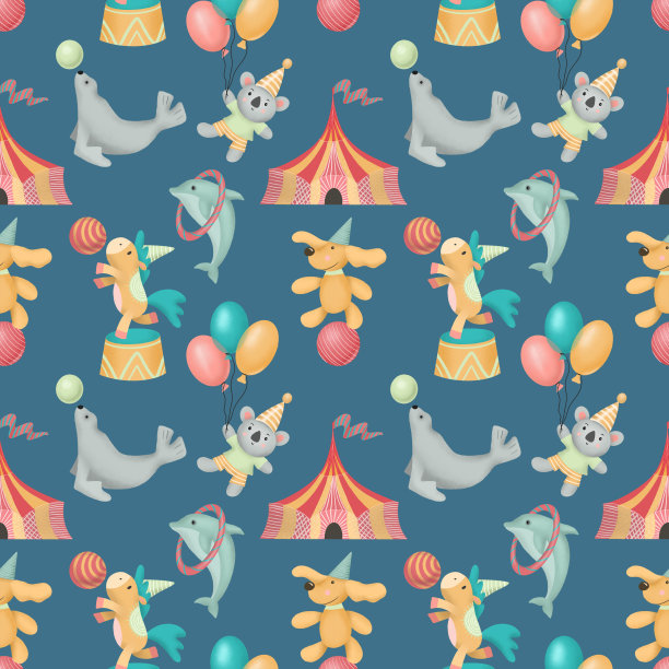 无缝模式手绘马戏团动物(狗，马，考拉，海豹)，插图在蓝色背景图片下载