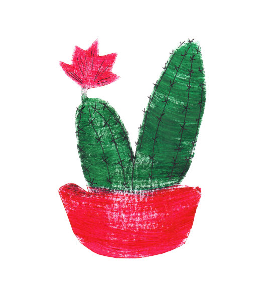 绿色的仙人掌，多汁在一个图形打印风格的红色罐子里。不同的形状。又长又圆，带着花和针。图片下载