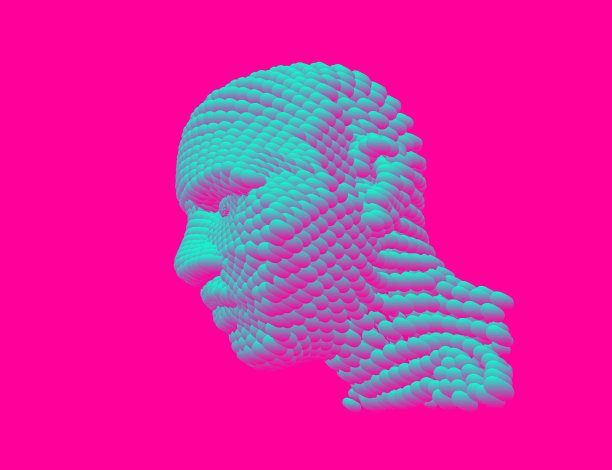 人脸识别。抽象数字人头。未来的背景。矢量插图广告，营销或演示。人工智能的概念。图片下载