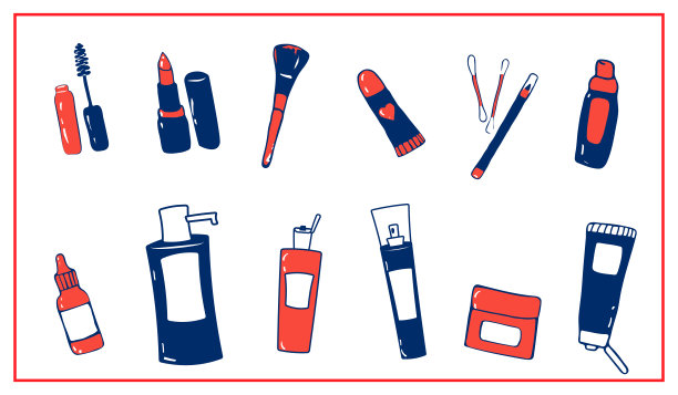 化妆品套装。化妆品。手绘矢量插图。面部护理，头发护理。图片下载