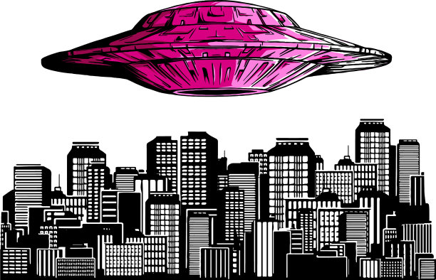 UFO在城市上空的夜空中发出辐射光束图片下载