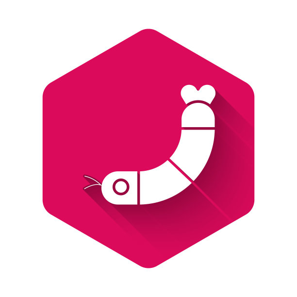 白色虾图标孤立与长影子。粉红色的六角按钮。向量图片下载